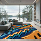 Geometric Staircase Blues Orange Accents Rug