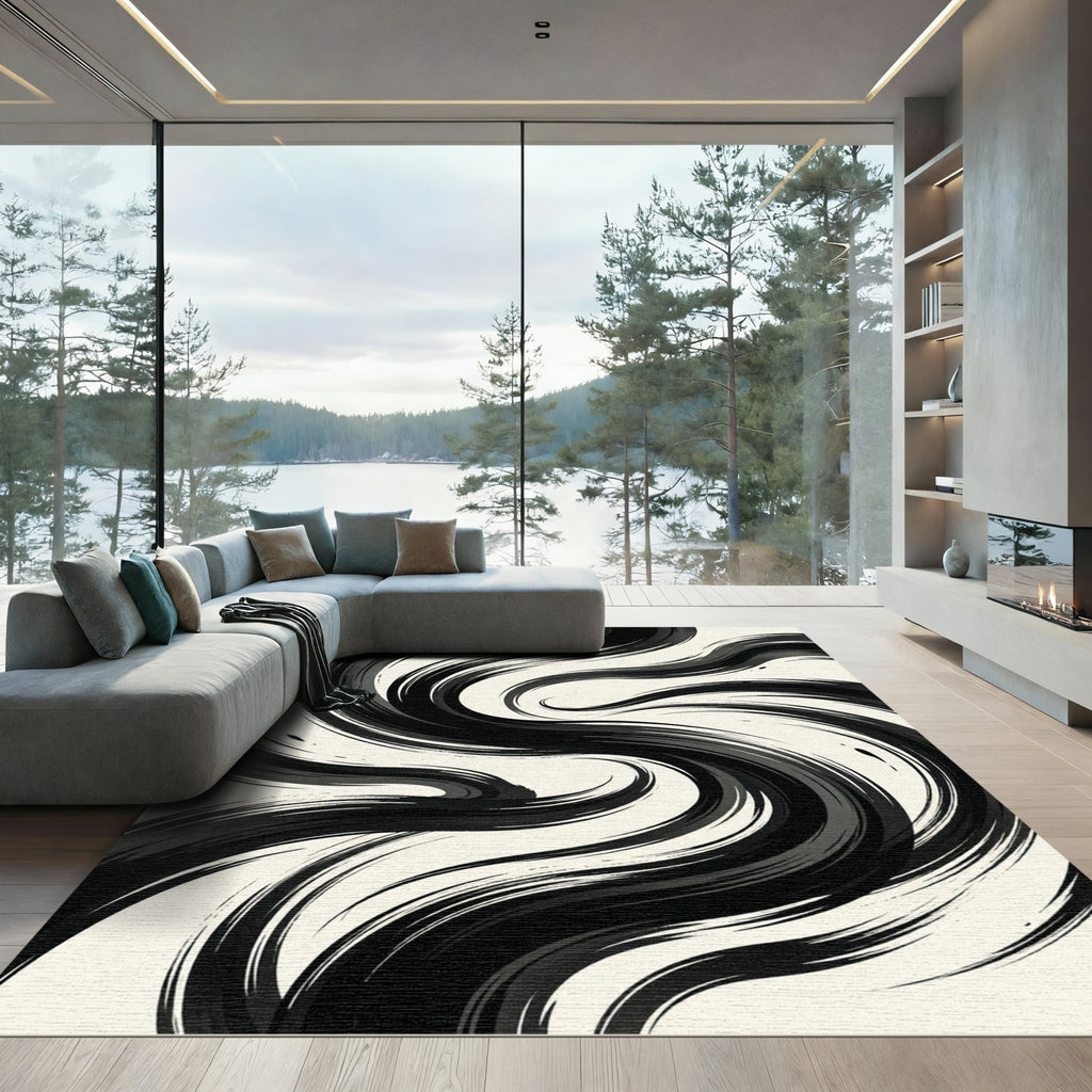 Ink Swirl Black White Waves Rug