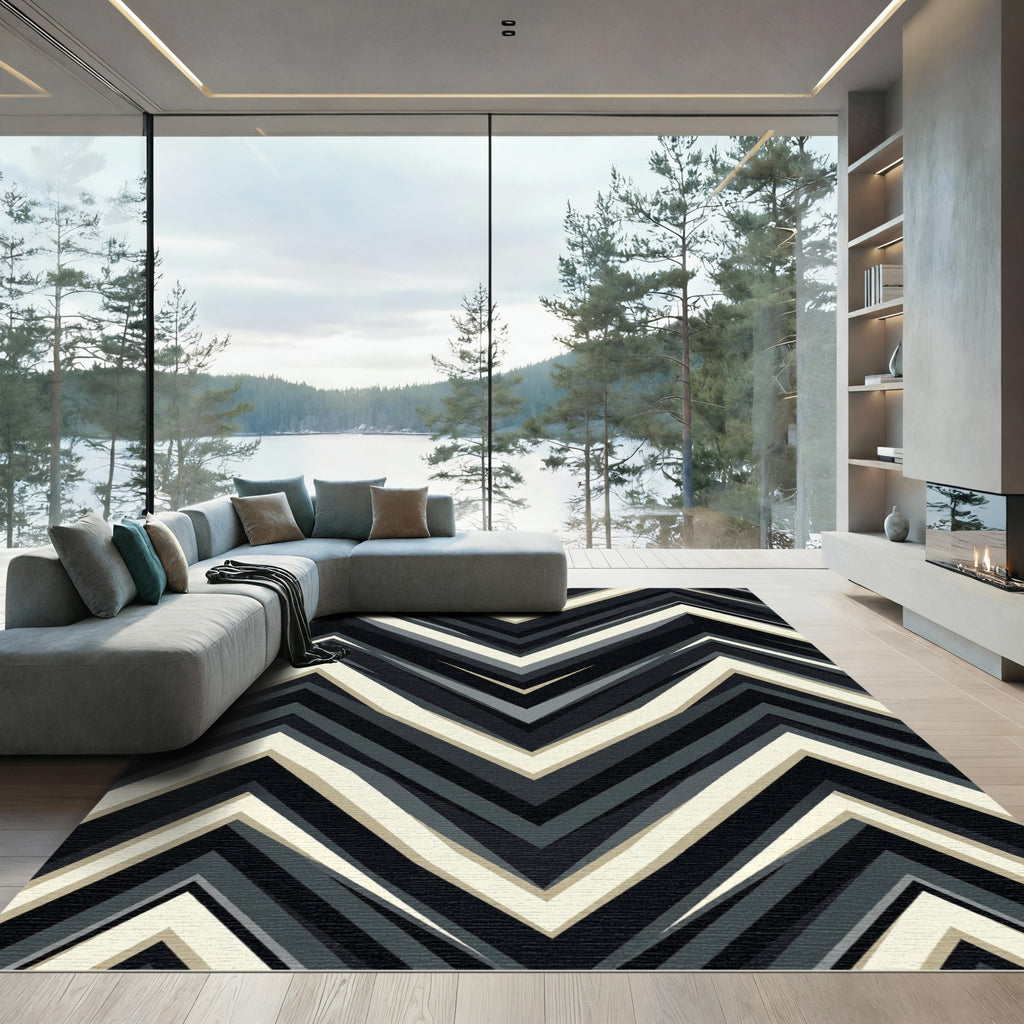 Dark Gray Cream Chevron Zigzag Art Rug
