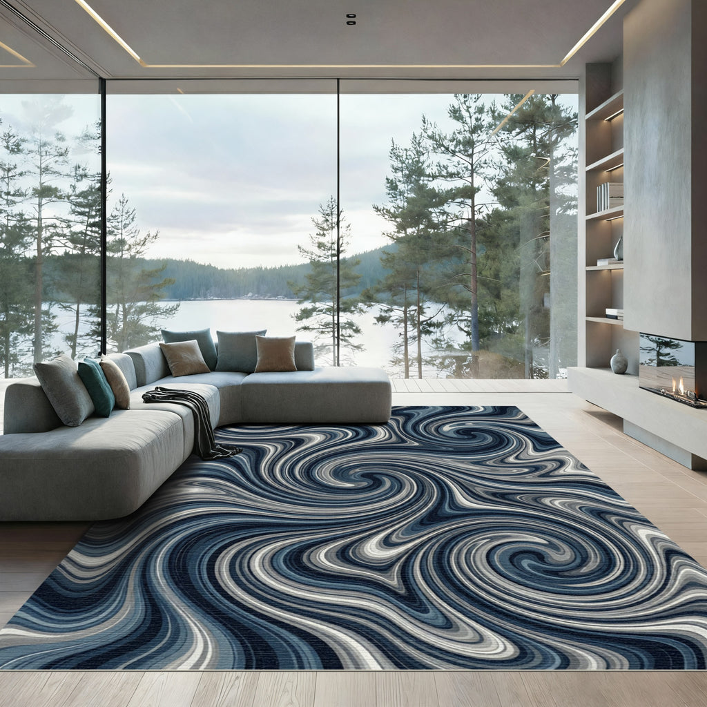 Deep Blue Swirling Marbled Waves Rug