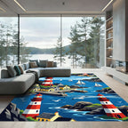 Coastal Village Red White Lighthouses Yachts Rug