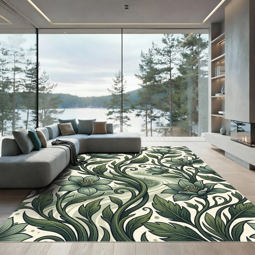 Sage Green Floral Vine Artwork Rug
