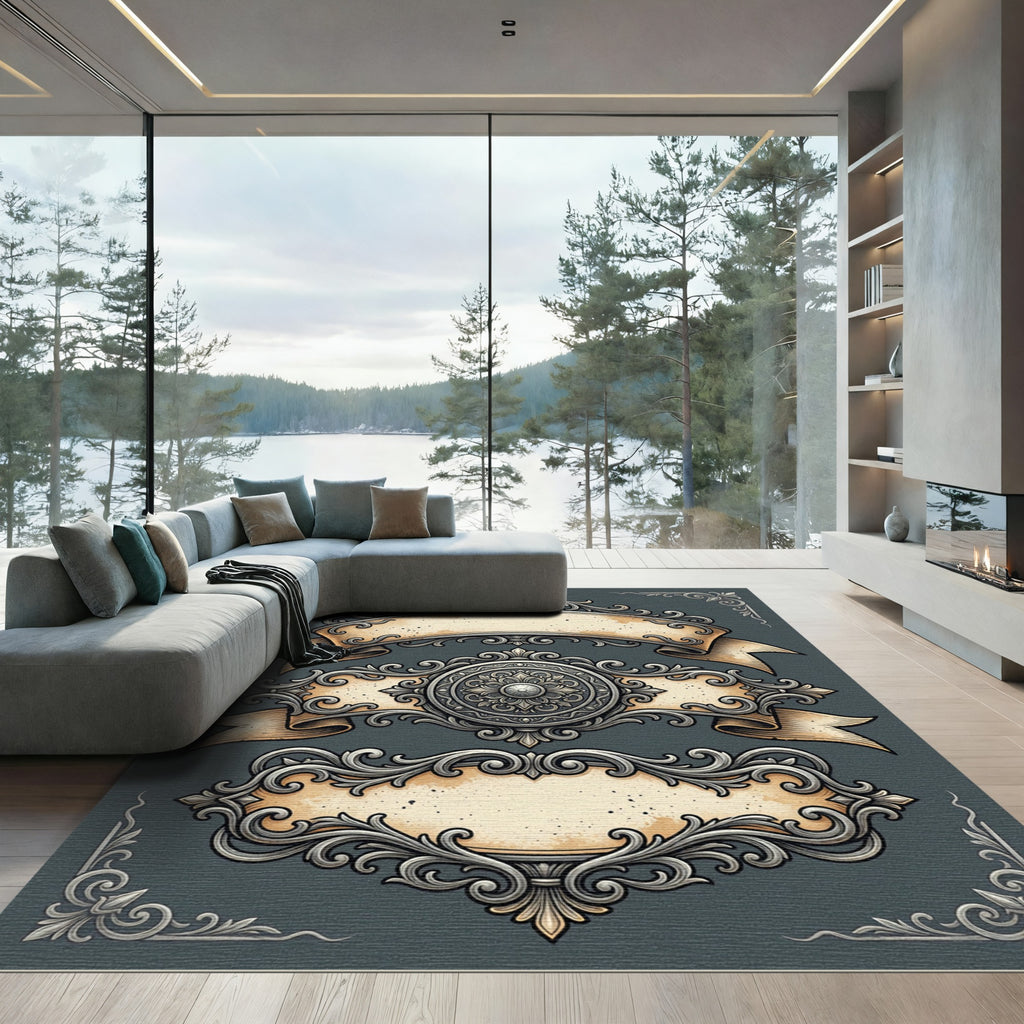 Ornate Silver Baroque Crest Scroll Ribbon Rug