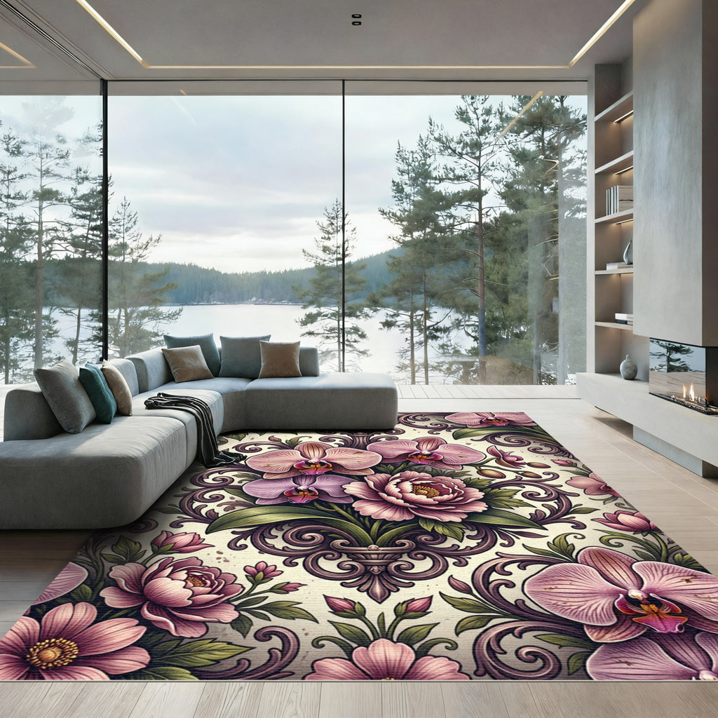 Ornate Romantic Orchid and Peony Scroll Rug