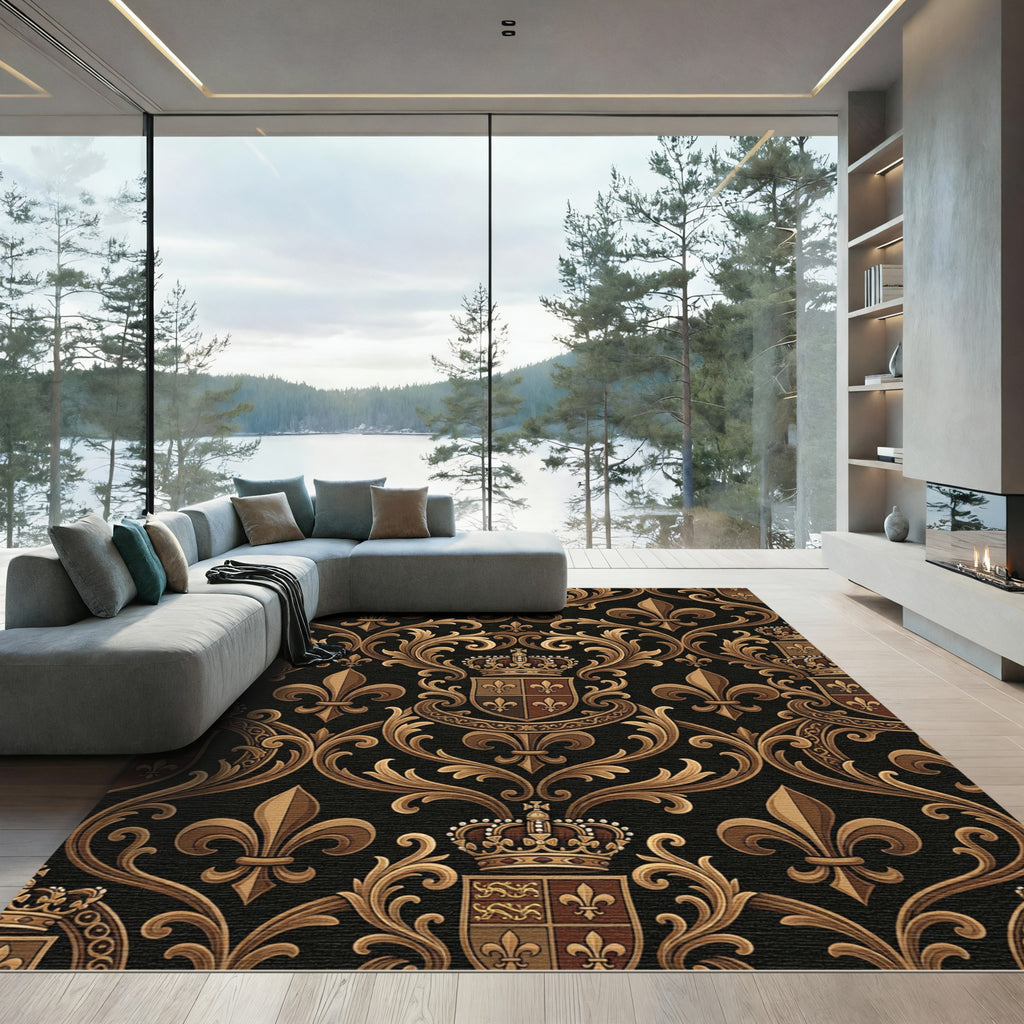 Ornate Gold Fleur de Lis Damask Rug