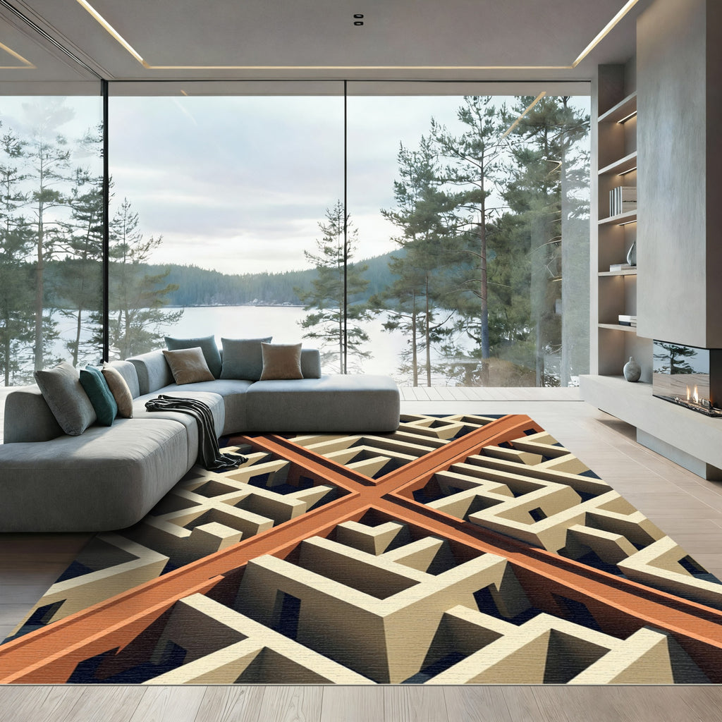 Modern Copper Geometric Maze Art Rug