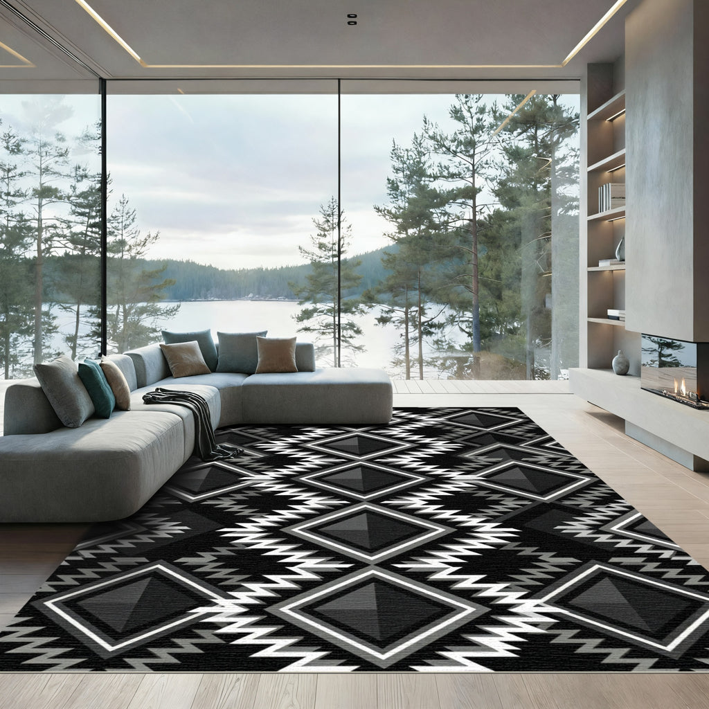 Bold Black White Diamond Zigzag Rug