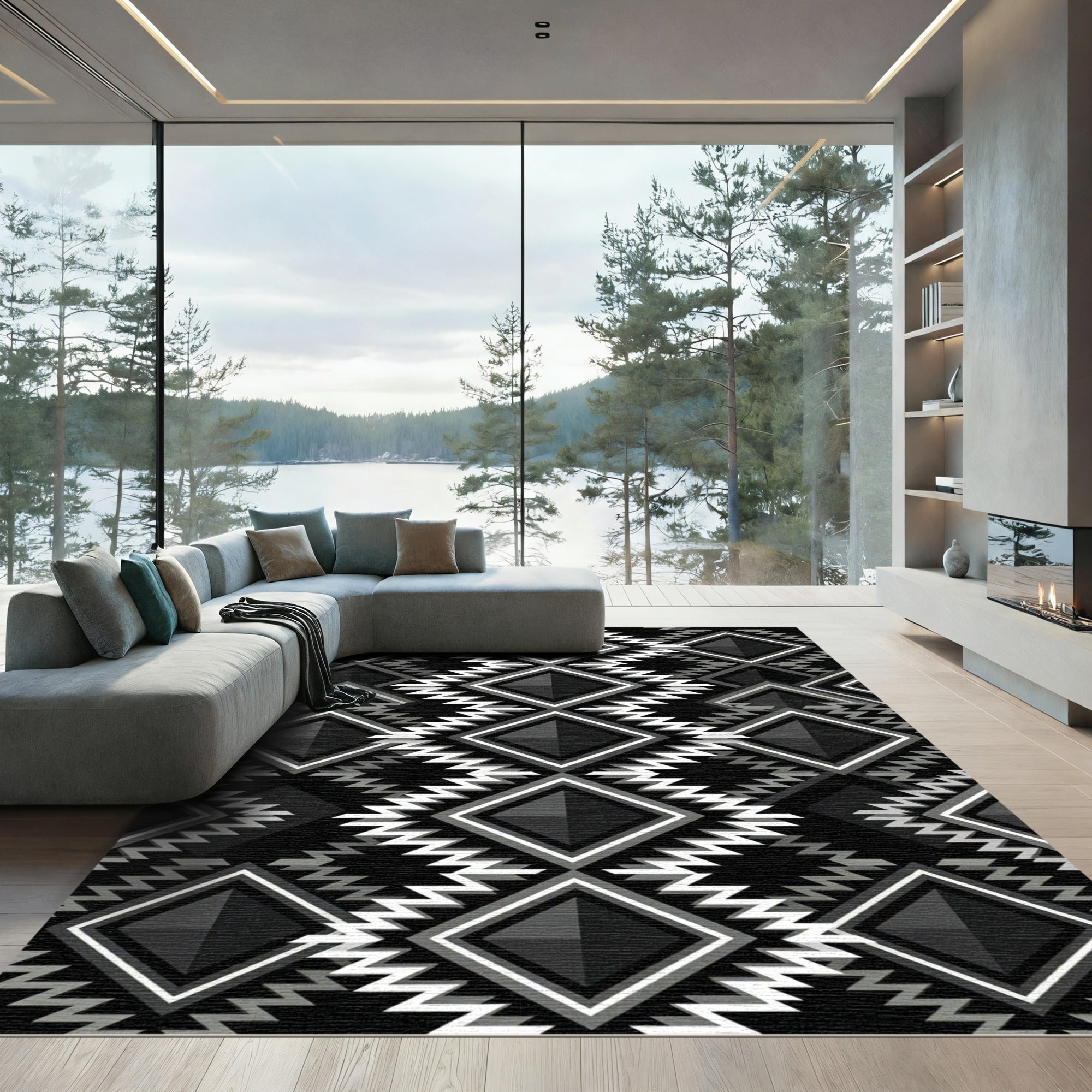 Bold Black White Diamond Zigzag Rug