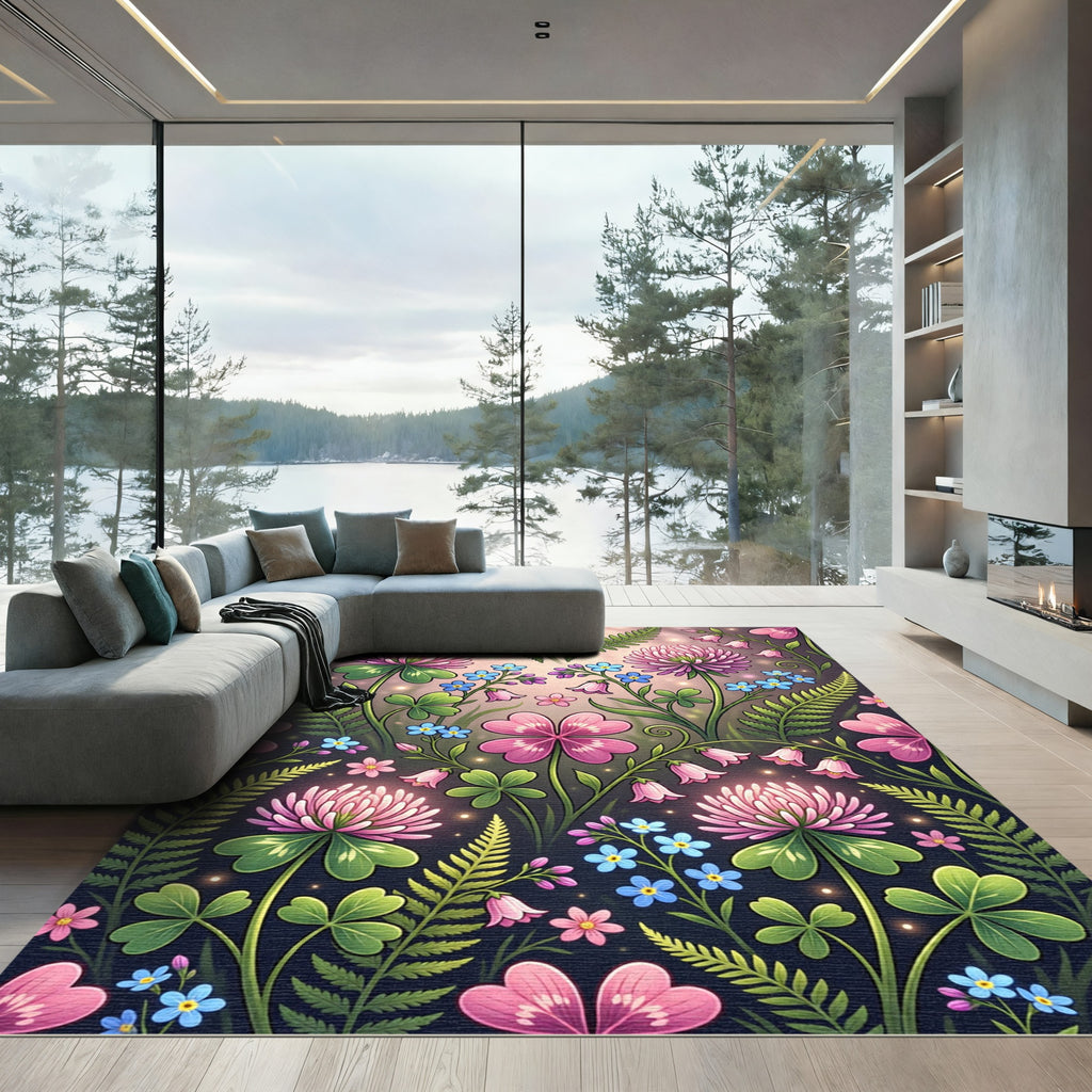Enchanted Pink Clover Meadow Fern Botanical Rug