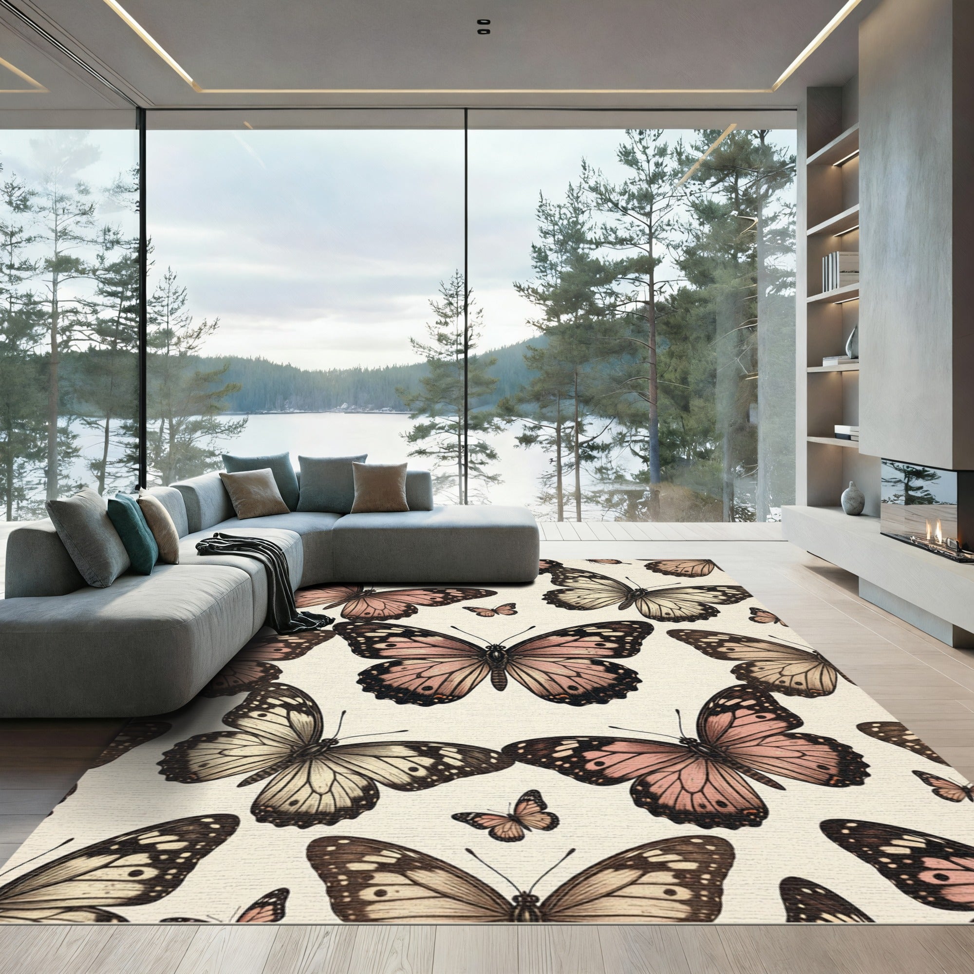 Vintage Blush Butterfly Garden Illustration Rug