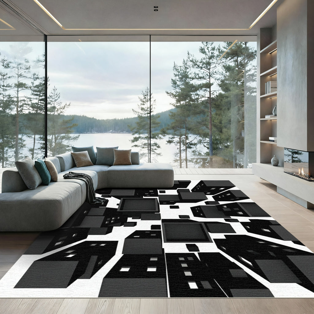 Monochromatic Abstract Geometric Cityscape Blocks Rug