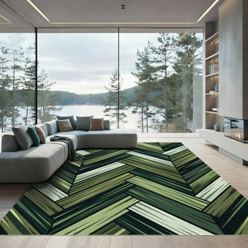 Forest Green Herringbone Wood Grain Rug