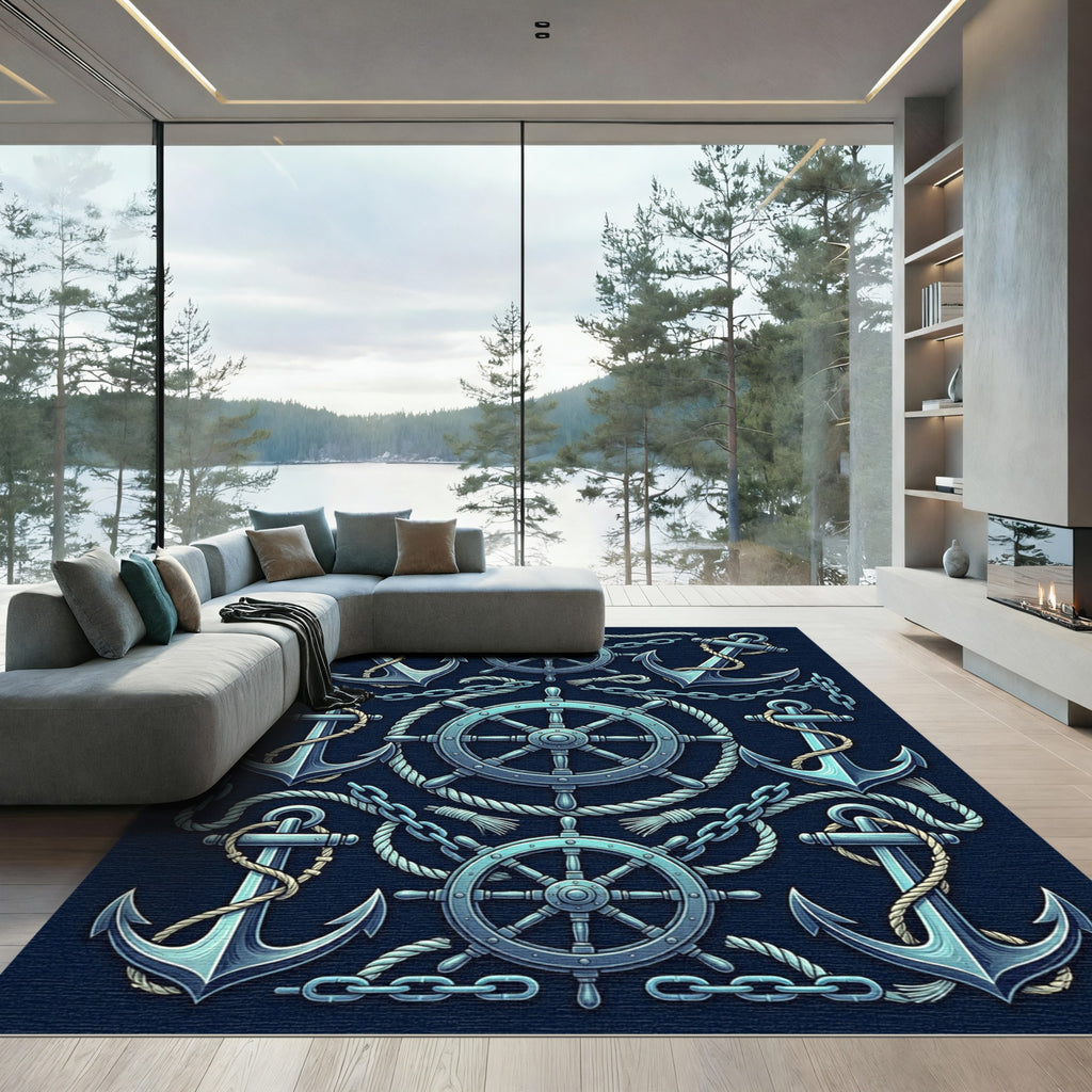 Classic Nautical Anchors Steering Wheels Chains Rug