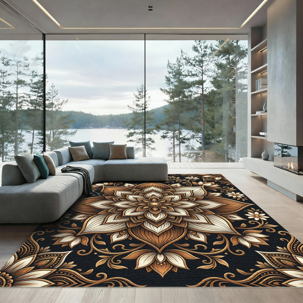 Brown Gold Floral Mandala Statement Rug