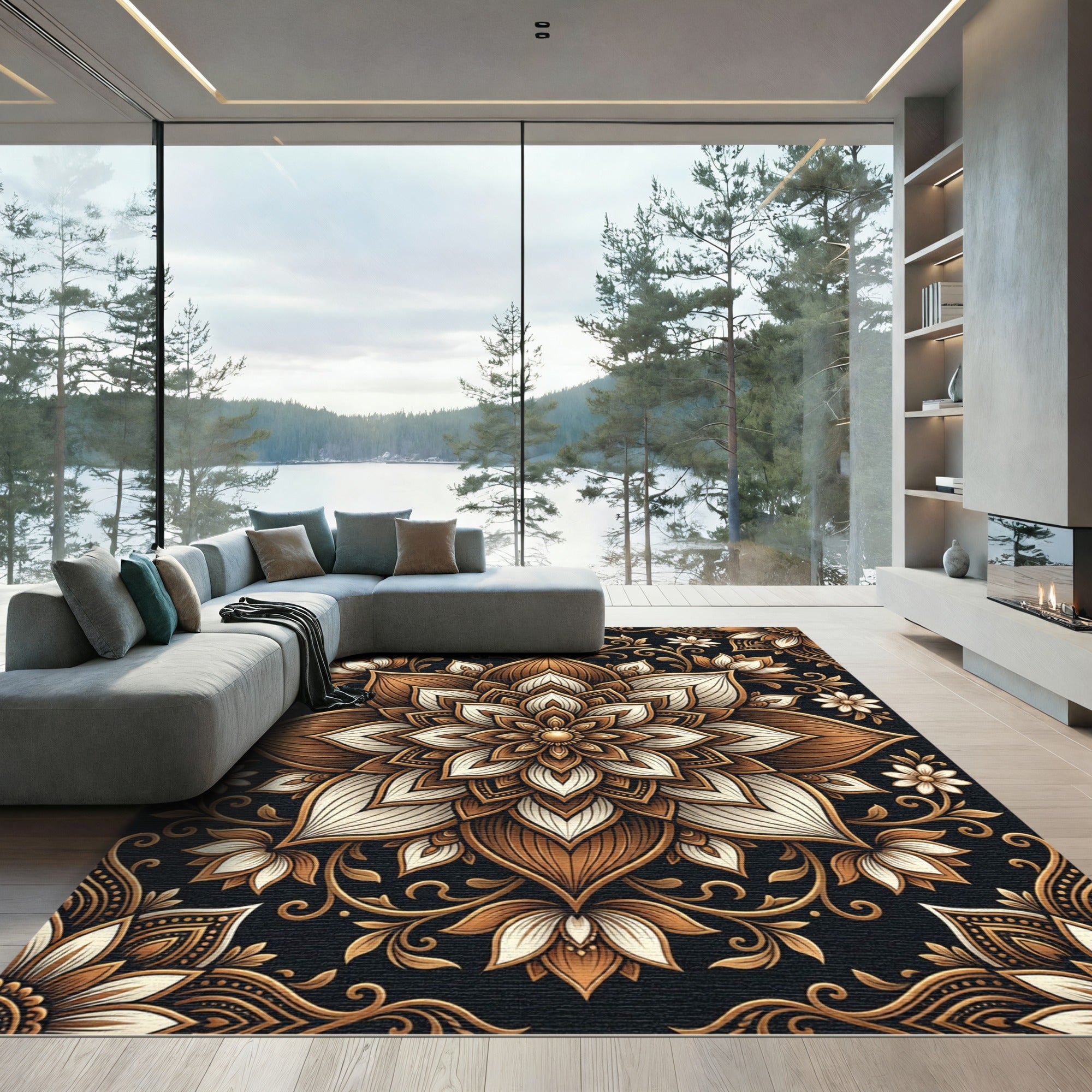 Brown Gold Floral Mandala Statement Rug