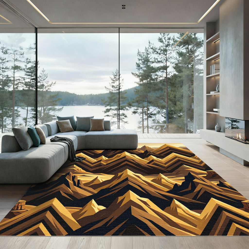 Golden Jagged Peaks Landscape Rug