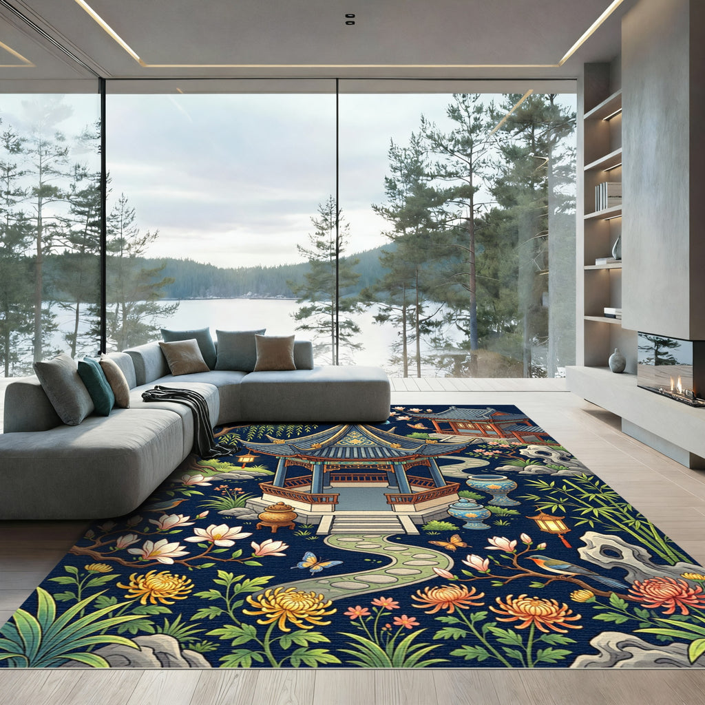 Elegant Pavilion Garden Midnight Botanical Art Rug