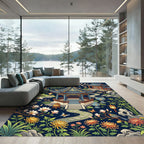 Elegant Pavilion Garden Midnight Botanical Art Rug