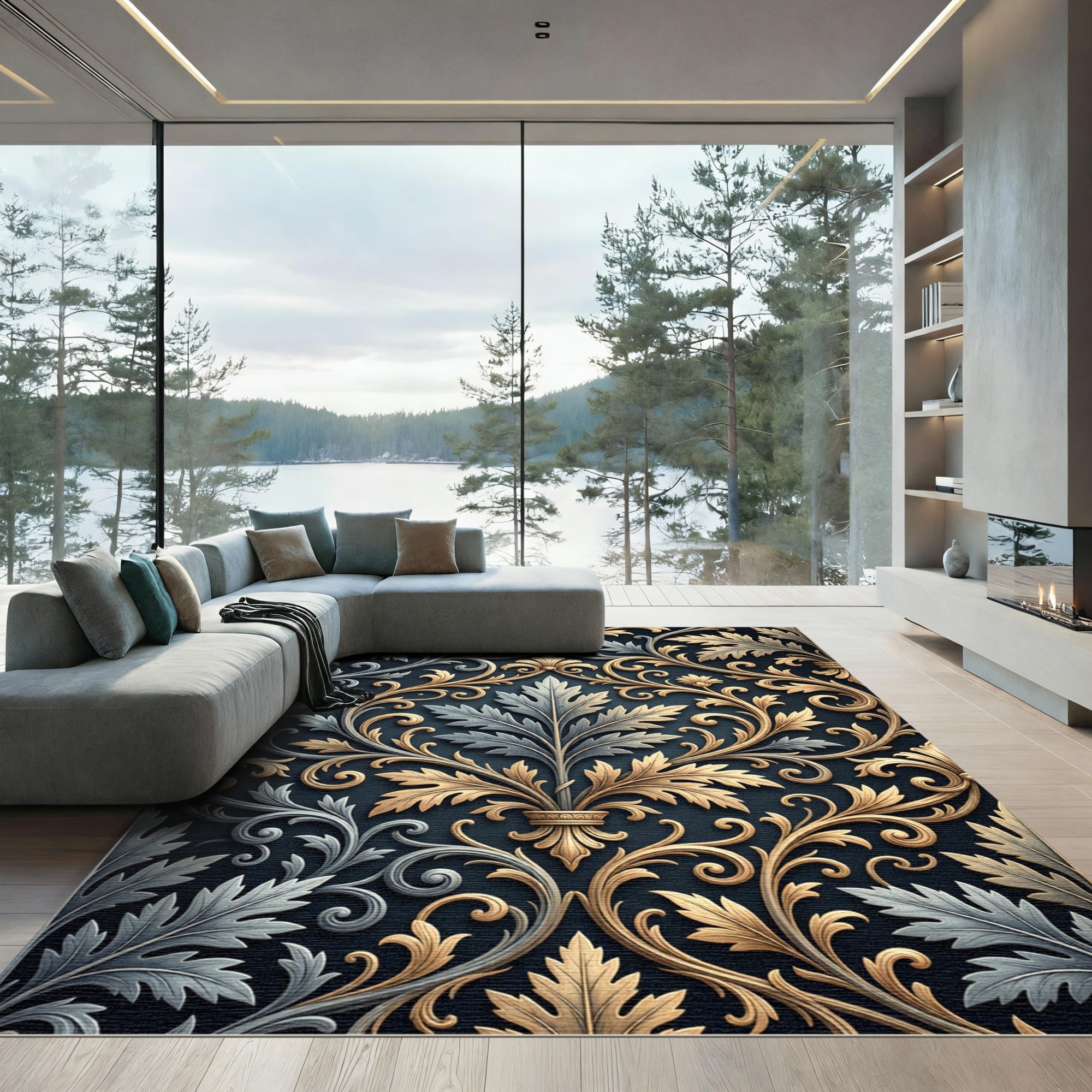Elegant Gold and Silver Acanthus Scrollwork Rug