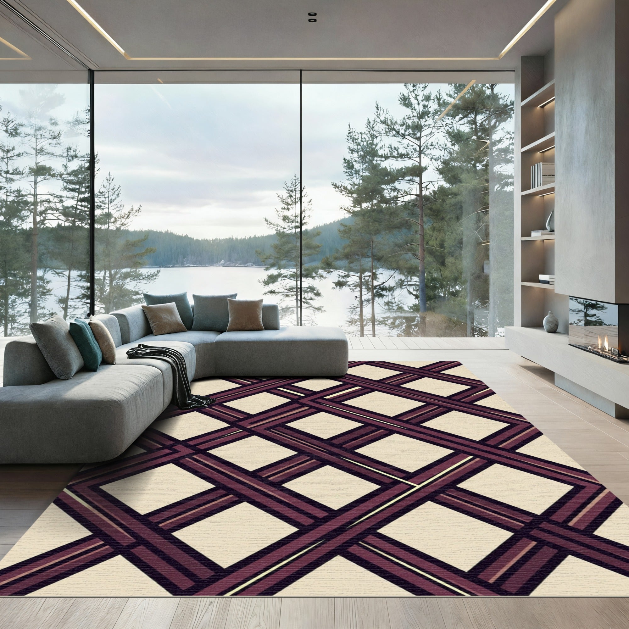 Deep Burgundy Modern Geometric Interlocking Square Rug