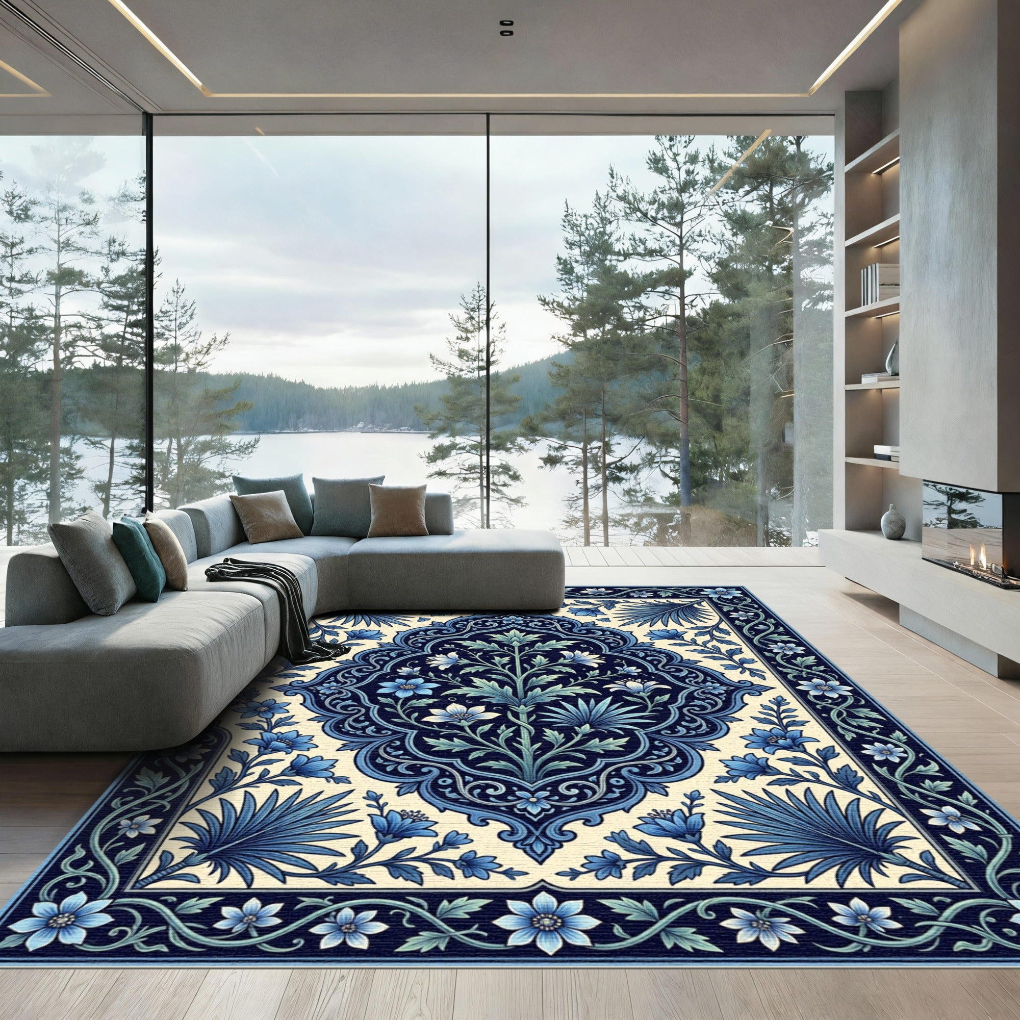 Deep Blue Botanical Scrollwork Medallion Rug