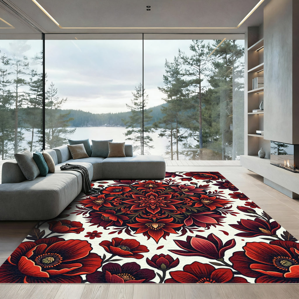 Crimson Floral Medallion Arrangement Rug
