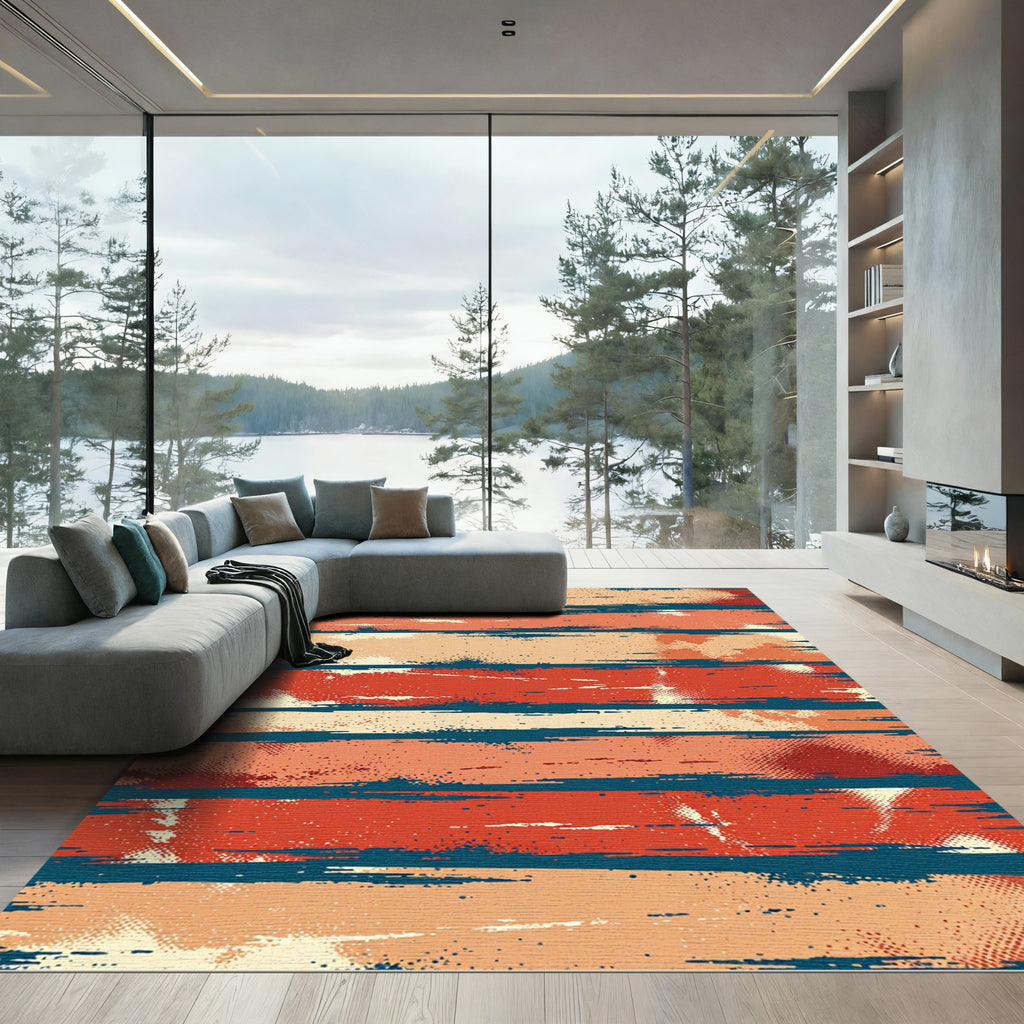 Distressed Burnt Orange Teal Horizontal Stripe Rug
