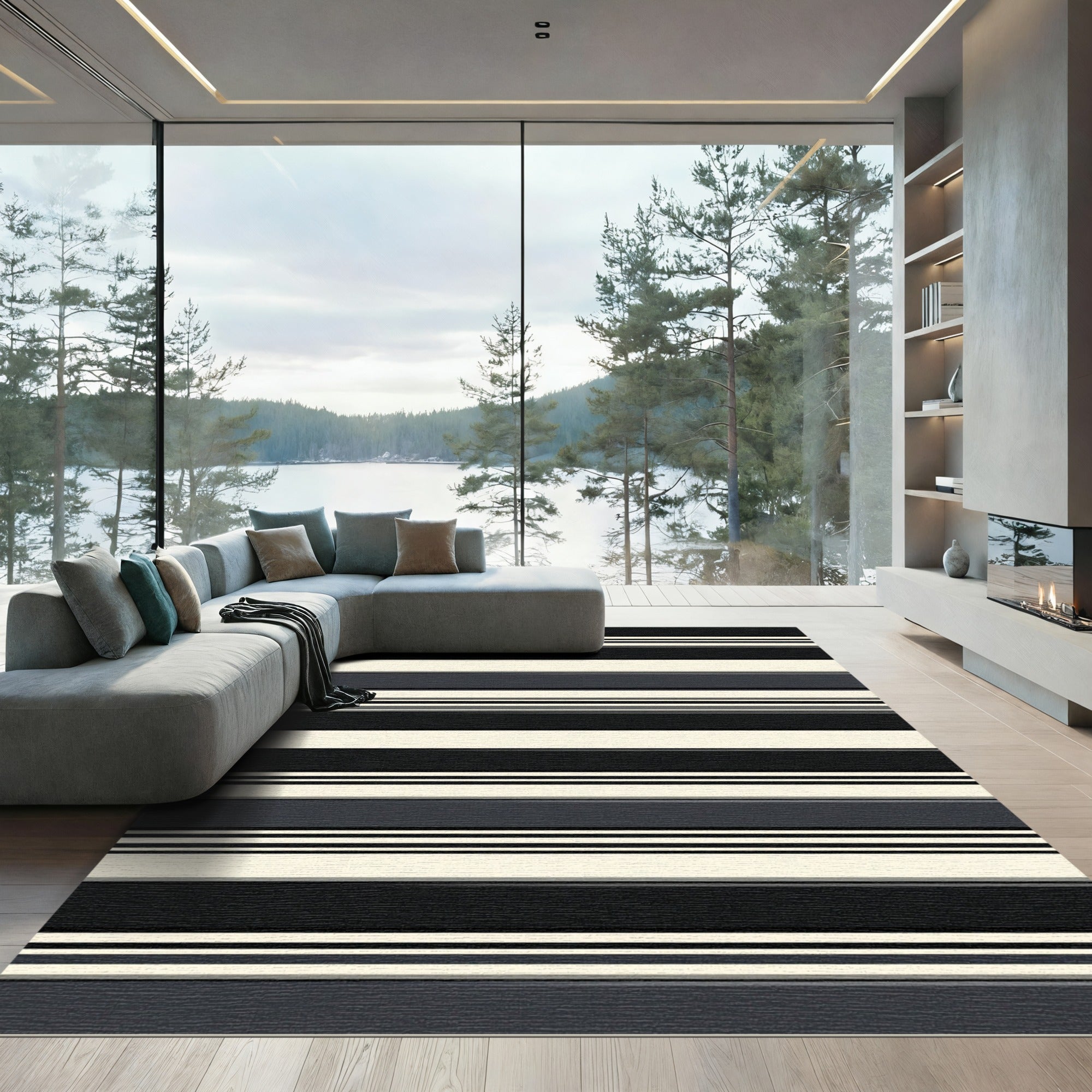 Modern Black Cream Striped Rug