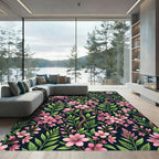 Delicate Pink Blossom Branch Floral Dark Rug