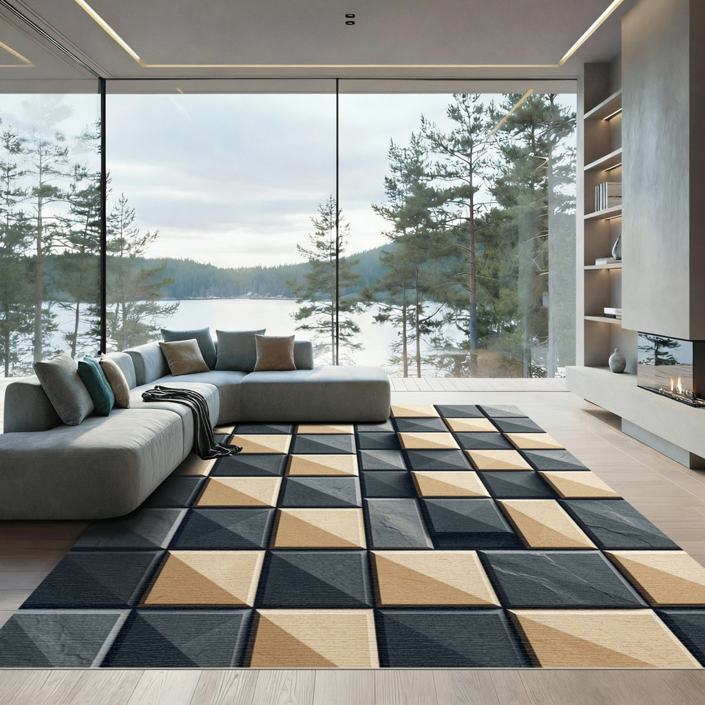 Gray Beige Volumetric Squares Rug