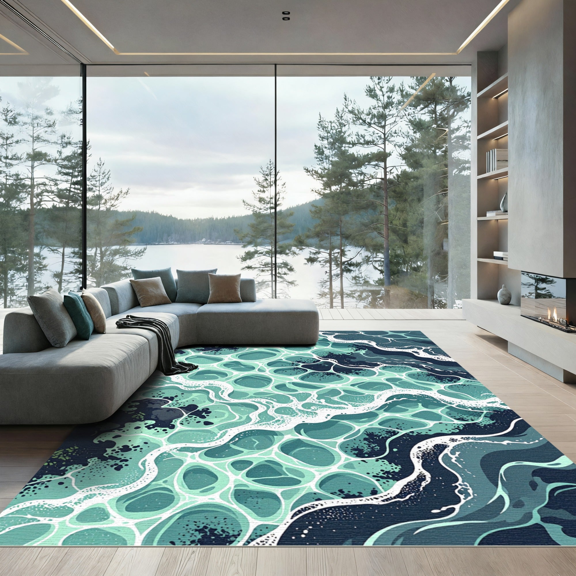 Teal Abstract Ocean Wave Ripples Rug