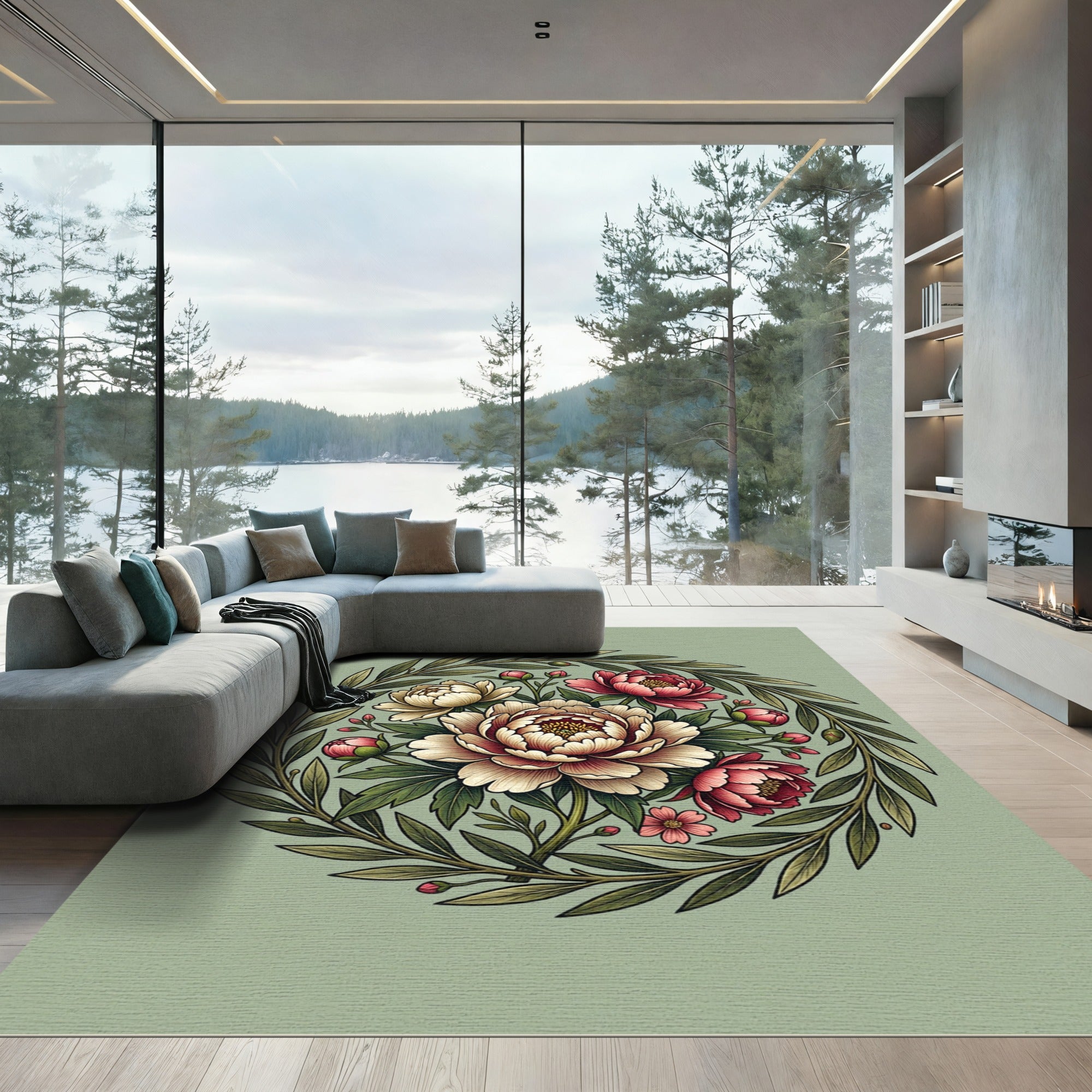 Elegant Sage Peony Floral Wreath Rug