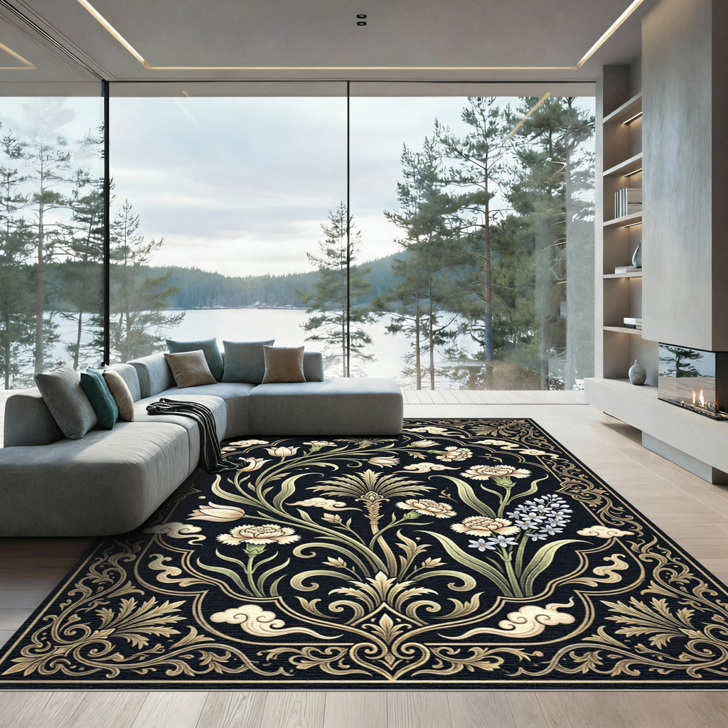 Elegant Black Gold Floral Botanical Garden Rug