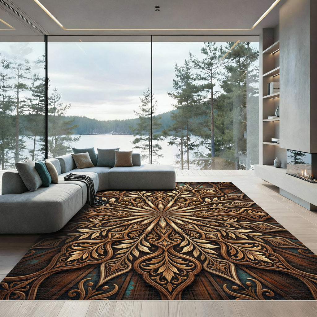 Ornate Golden Floral Radial Wood Texture Rug
