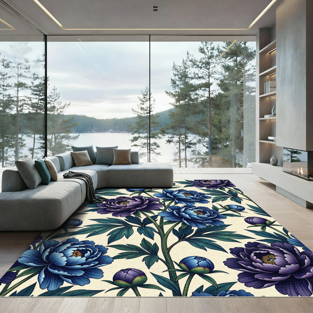 Botanical Indigo and Violet Peony Art Rug