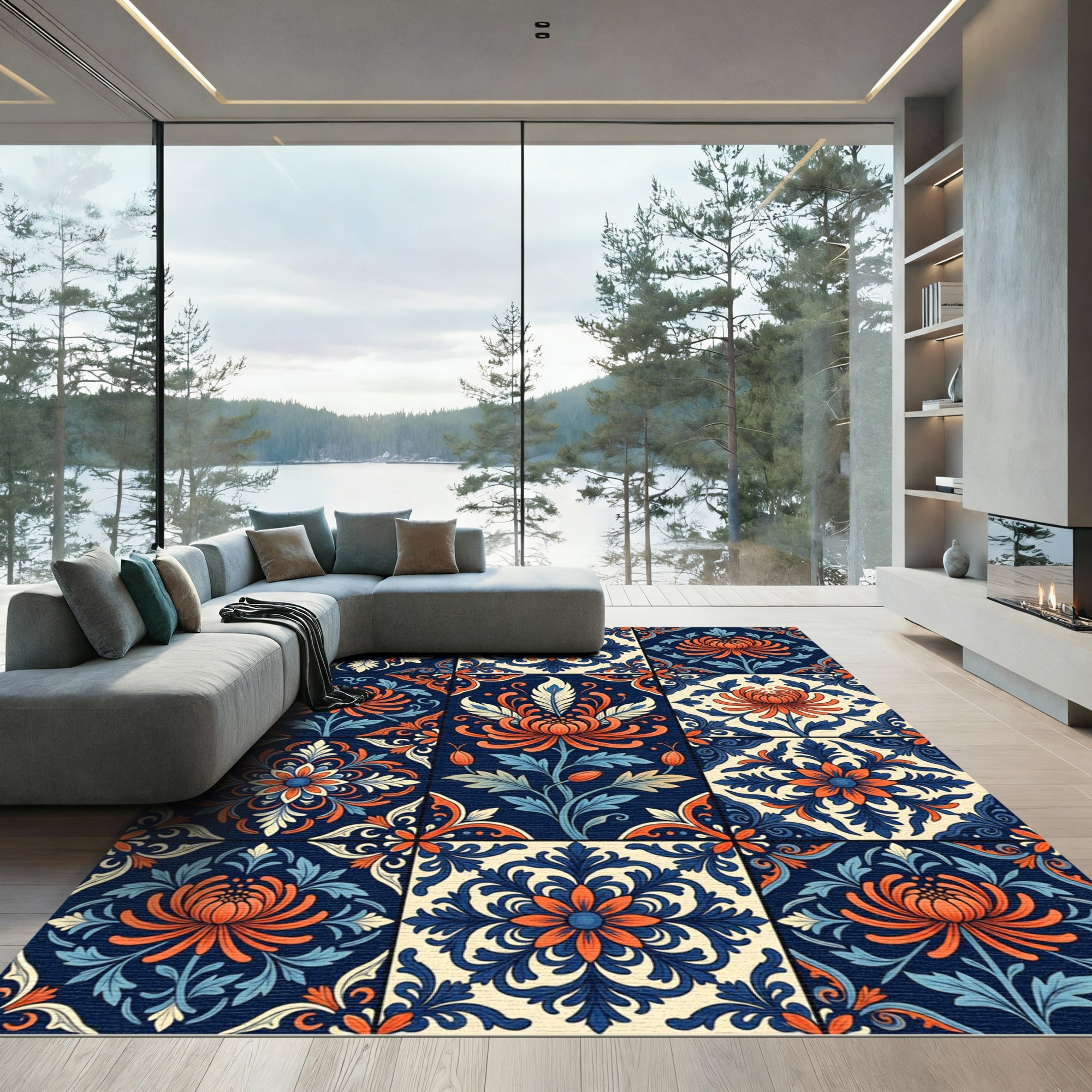 Ornate Navy and Orange Chrysanthemum Tile Rug
