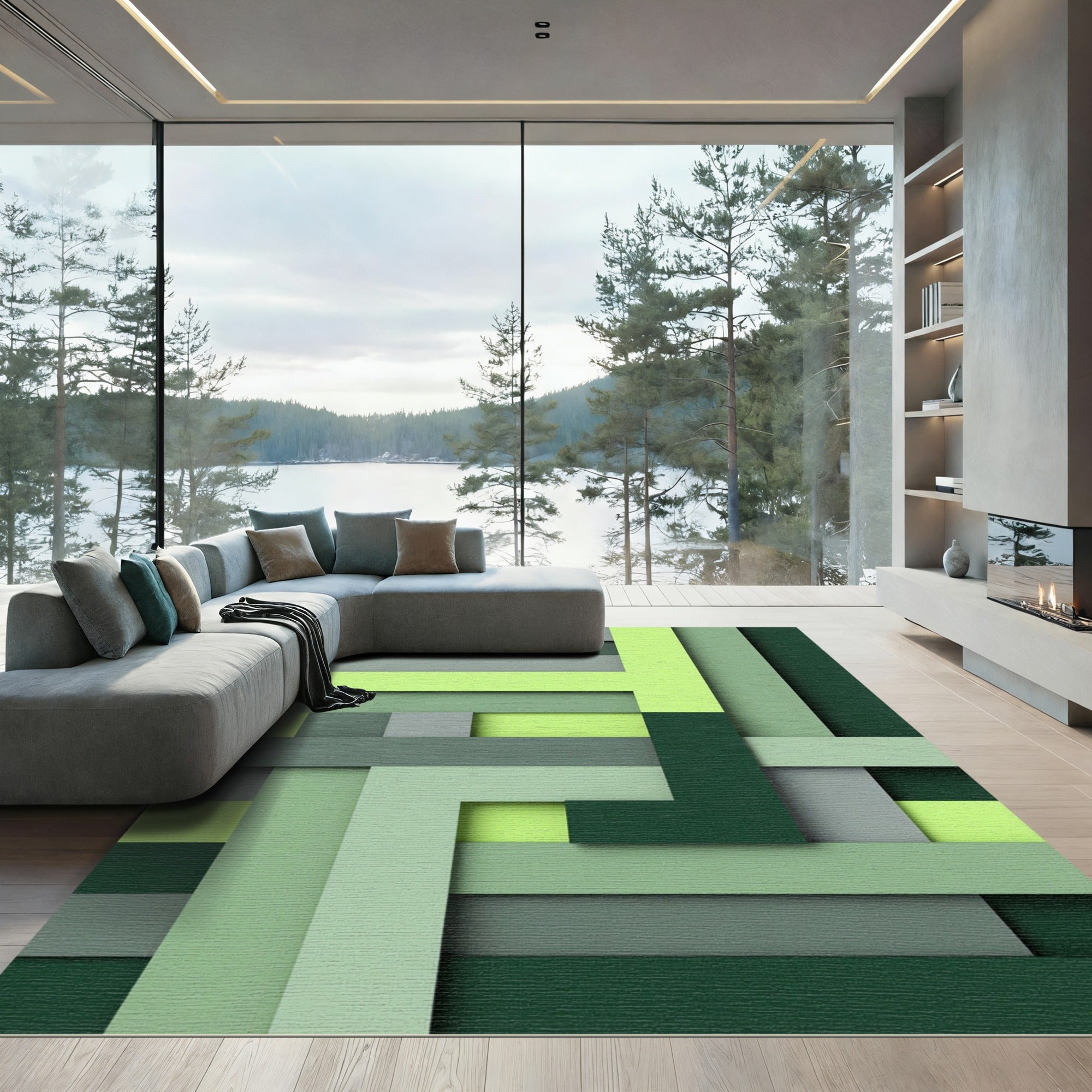 Geometric Lime and Forest Green Layered Bars Rug