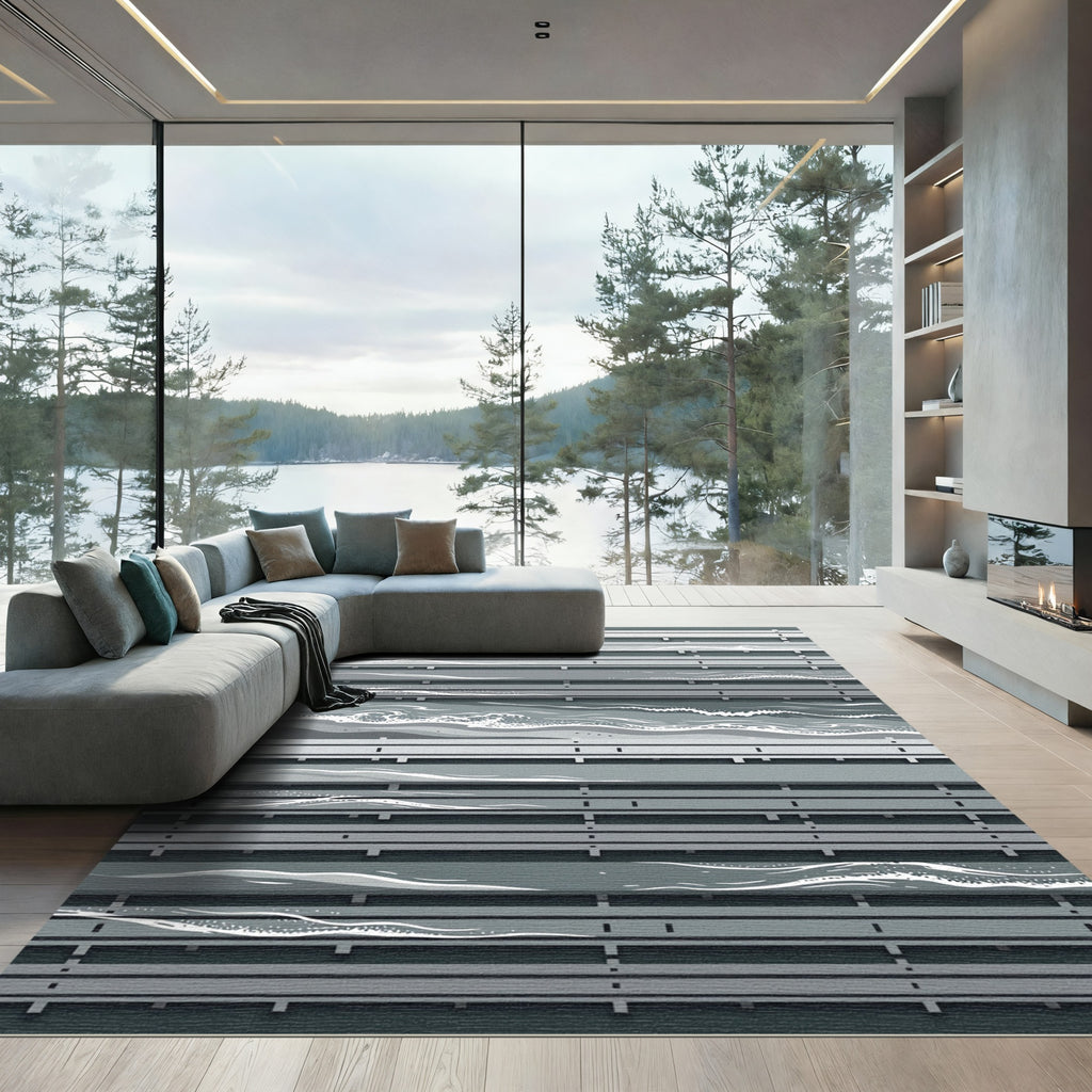 Minimalist Slate Blue Abstract Wave Rug