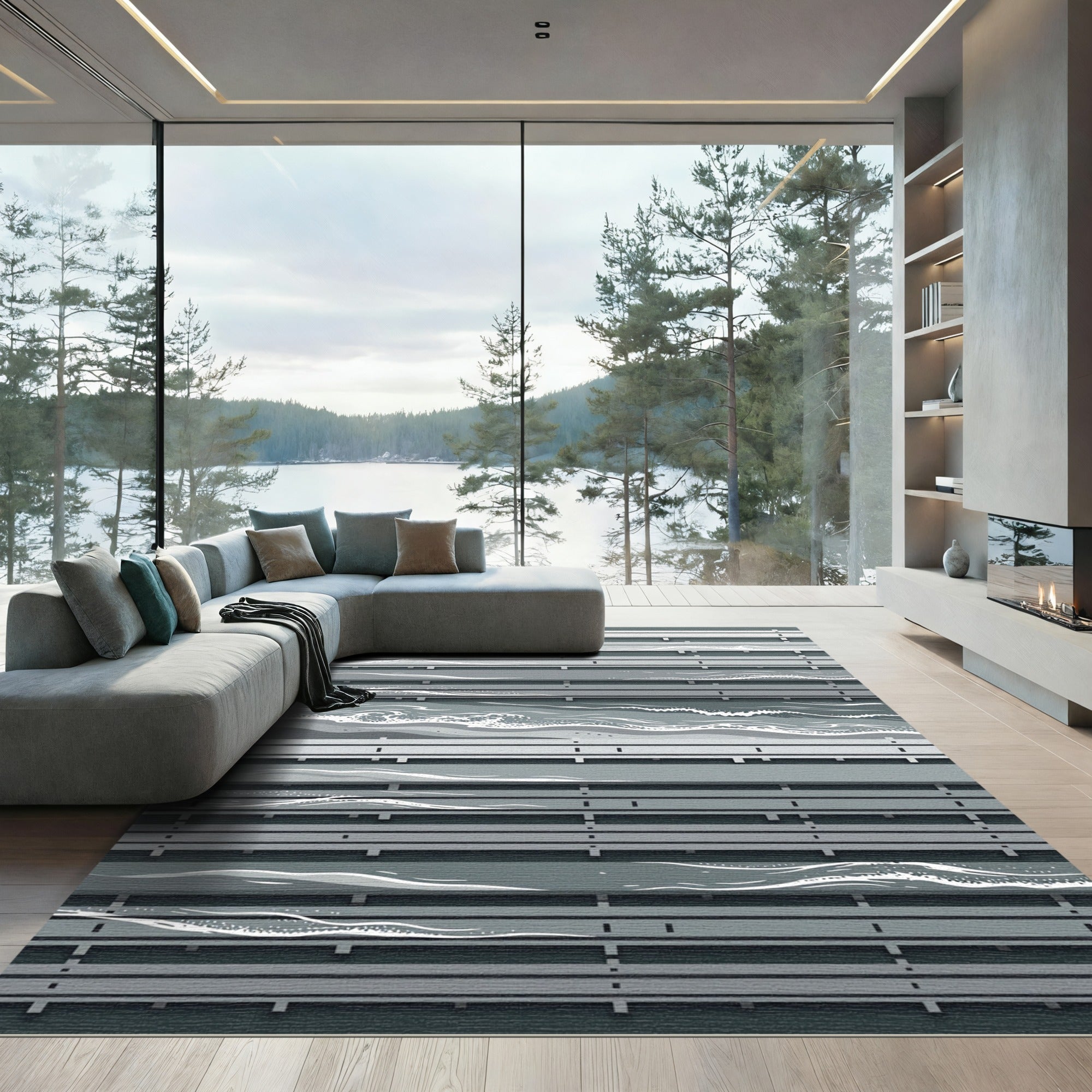 Minimalist Slate Blue Abstract Wave Rug