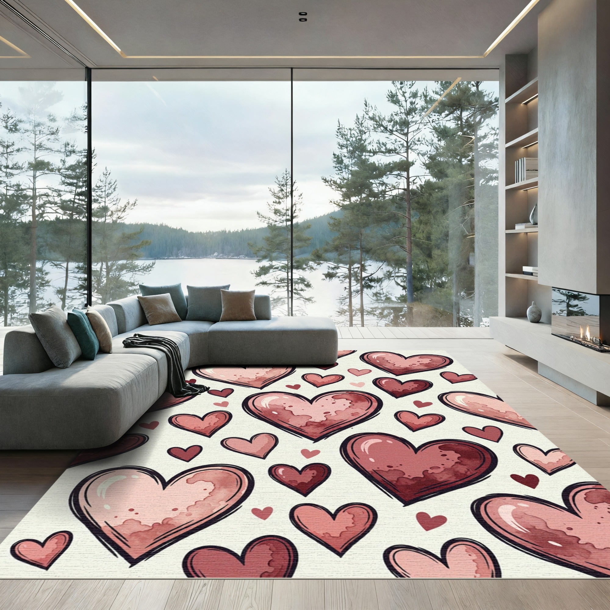 Watercolor Hearts Blush and Burgundy Rug