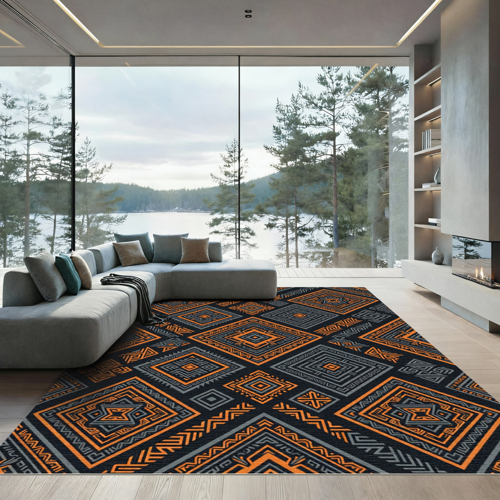 Orange Gray Geometric Diamond Pattern Rug