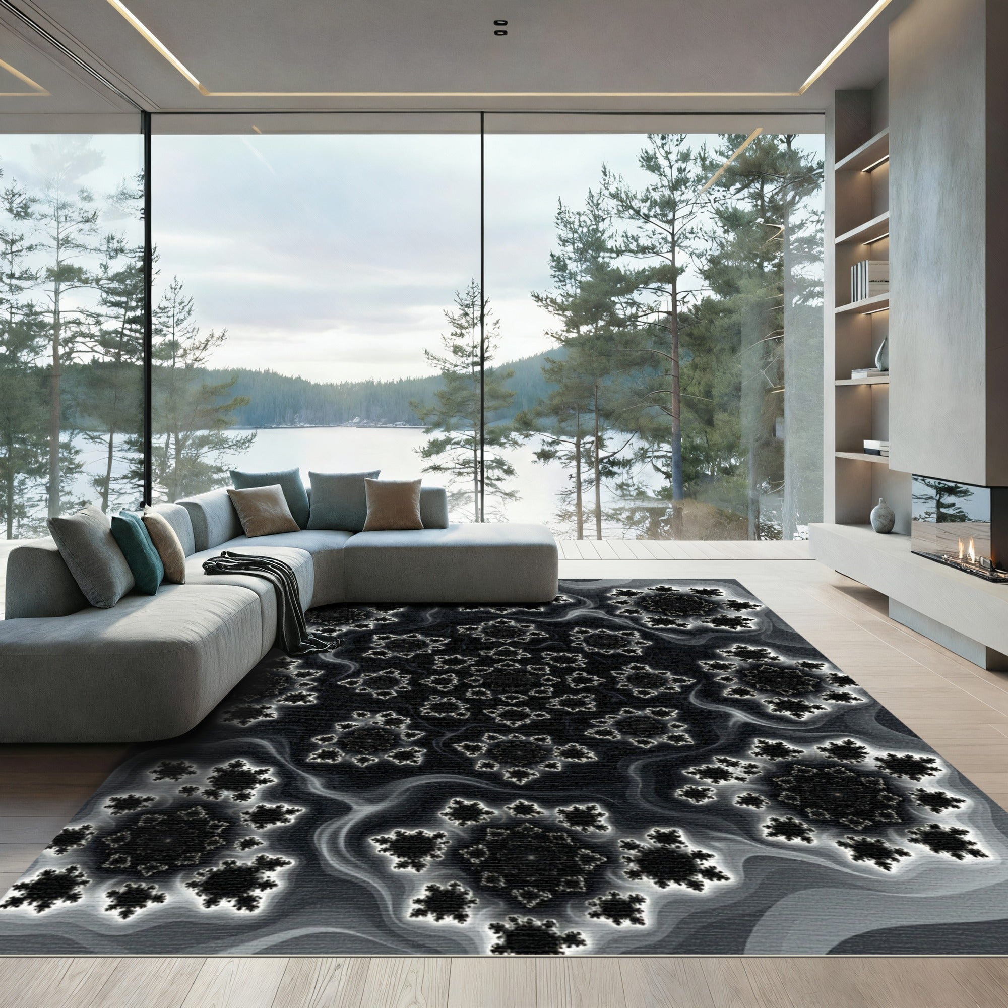 Monochromatic Abstract Fractal Radial Art Rug