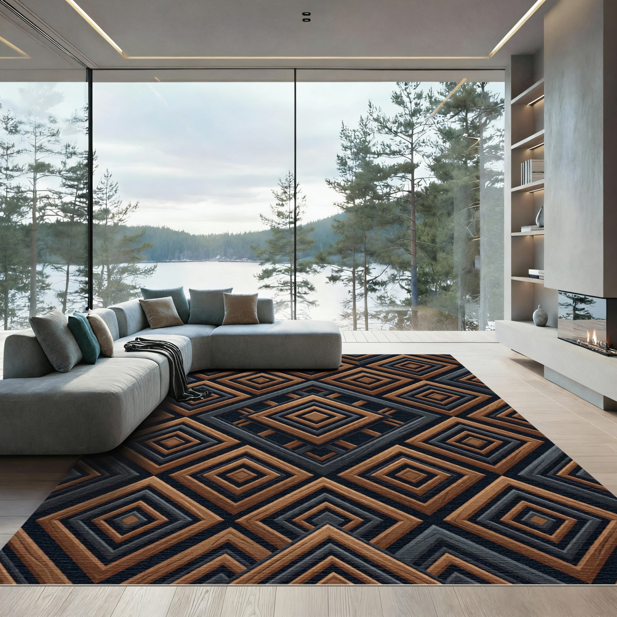Sophisticated Charcoal and Wood Geometric Diamond Rug