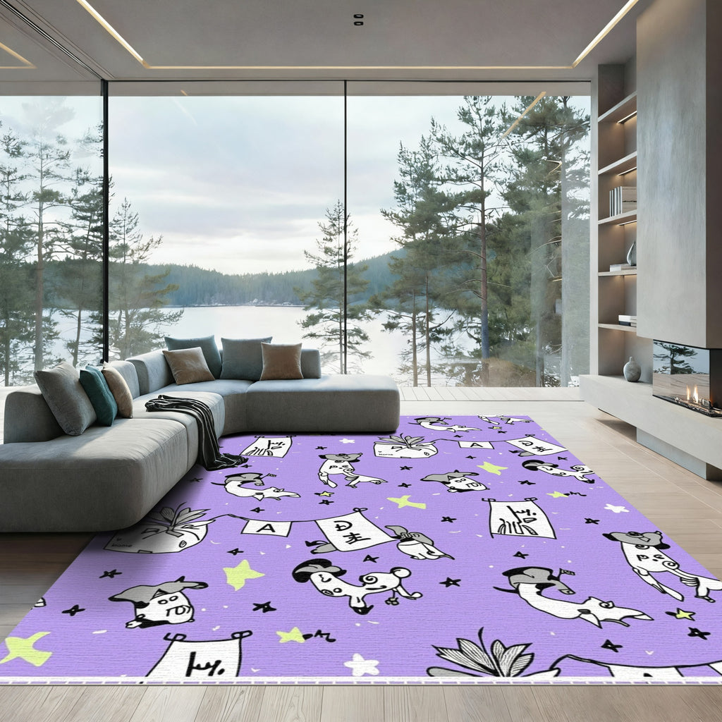 Playful Dogs And Stars Purple Design Rug