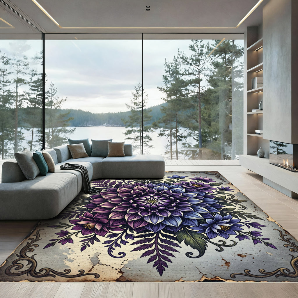 Elegant Purple Dahlia Botanical Medallion Rug