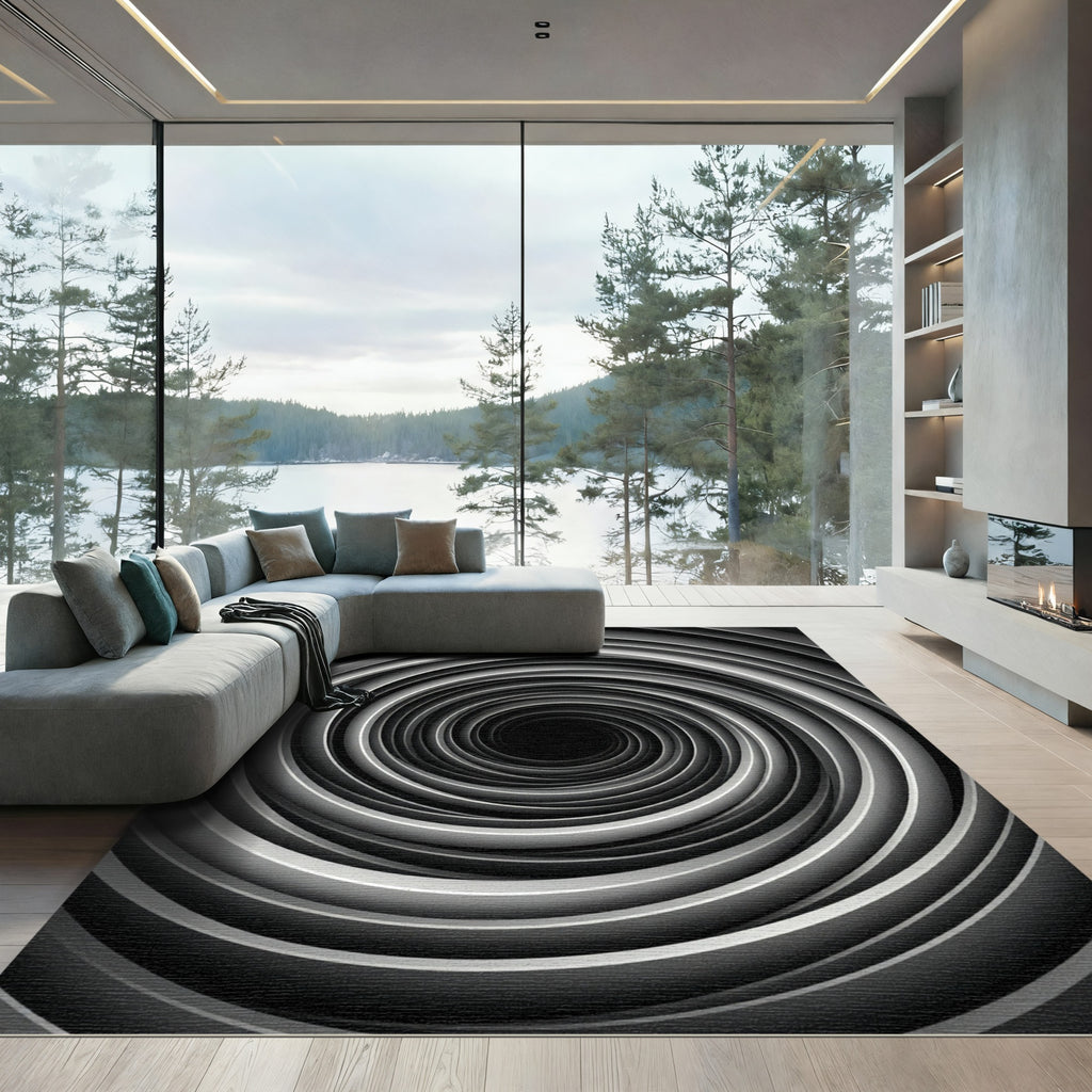 Modern Monochrome Infinite Vortex Swirl Rug