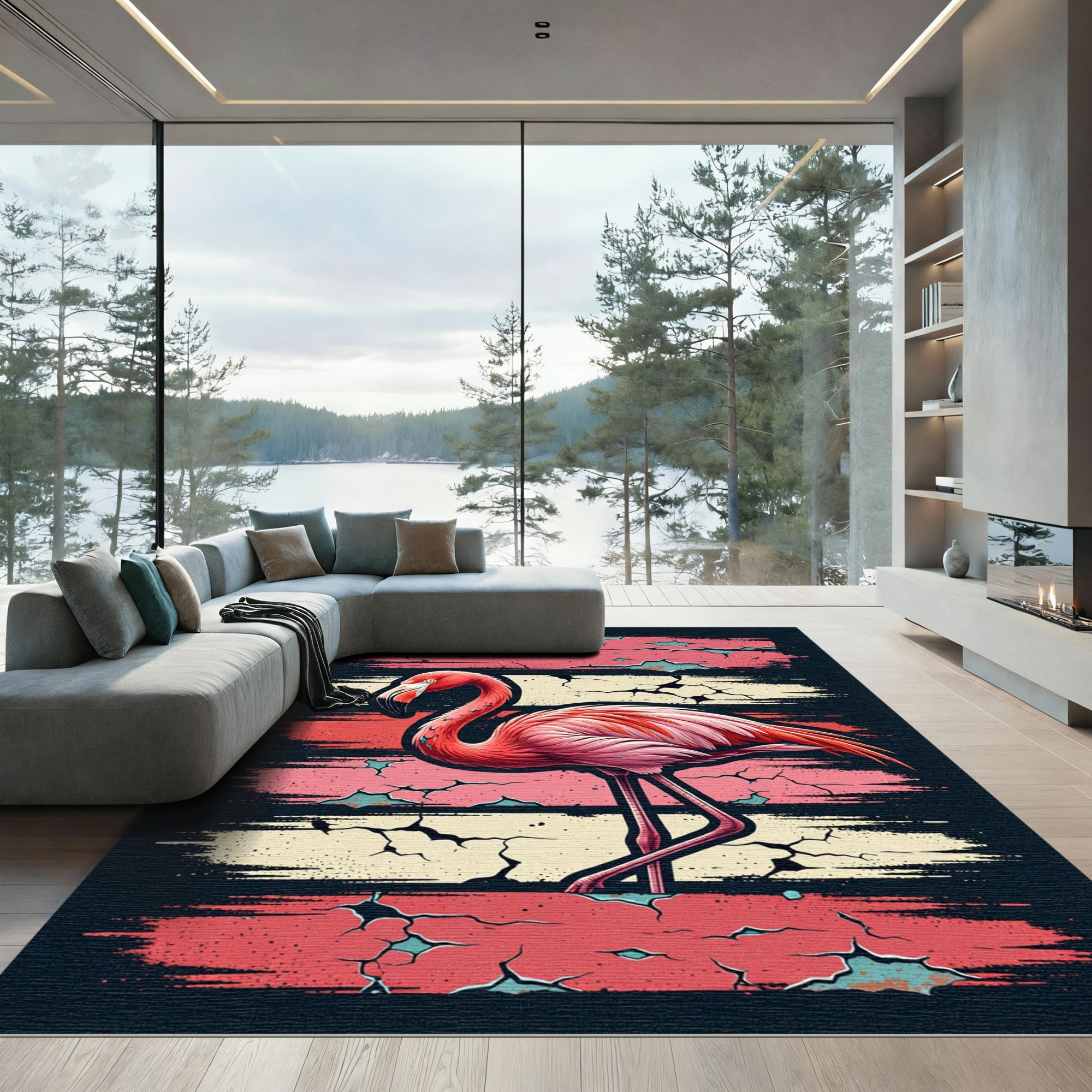 Vibrant Pink Flamingo Abstract Stripes Rug