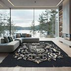 Monochrome Floral Crest Heraldic Emblem Rug