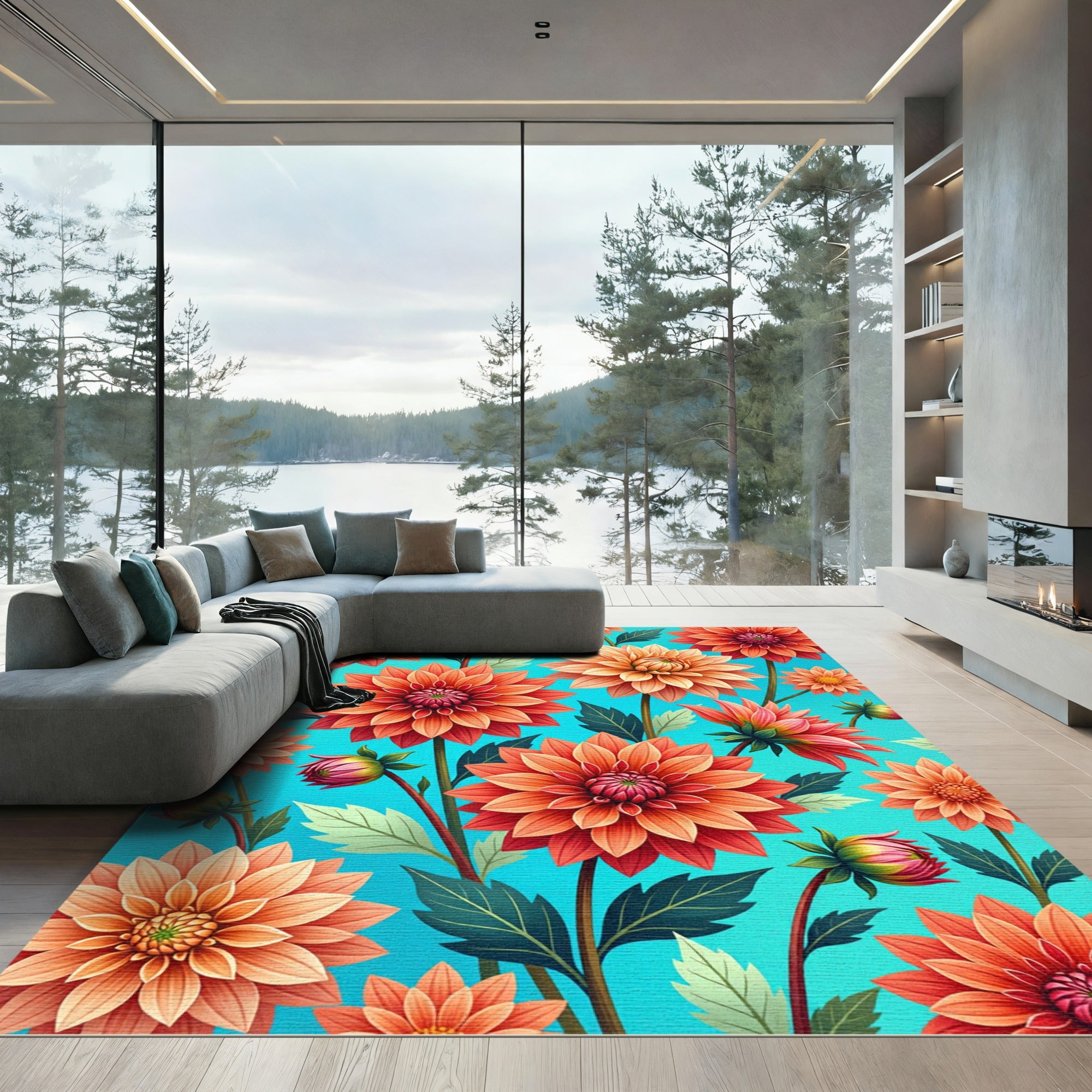 Vibrant Coral Dahlia Garden Scene Rug