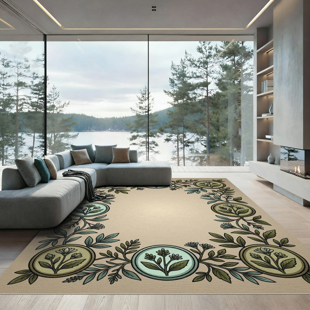 Sage Green Botanical Medallion Border Rug